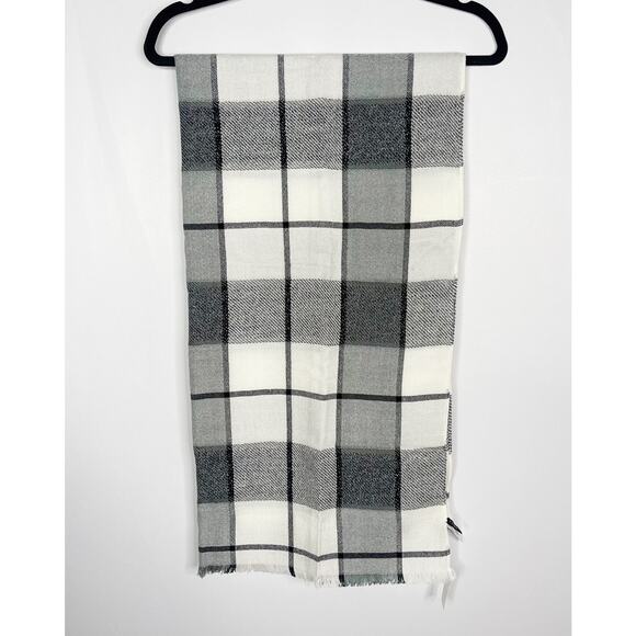 New Talbots Cream Gray Black Windowpane Plaid Scarf Shimmer Wool Blend Fringe - Picture 2 of 10